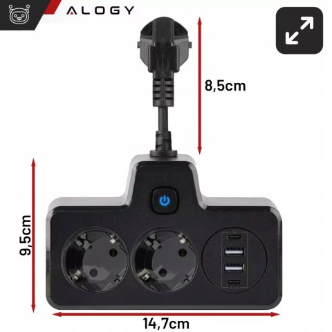 Alogy Rozgałęźnik 2X Eu, 2X Usb-A, 2X Usb-C, Led Lampka, Czarny, 230V