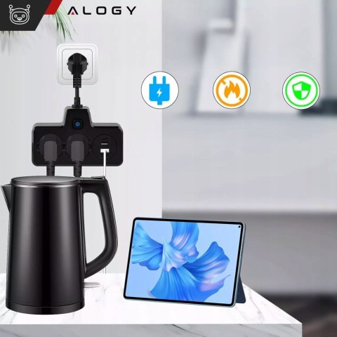 Alogy Rozgałęźnik 2X Eu, 2X Usb-A, 2X Usb-C, Led Lampka, Czarny, 230V