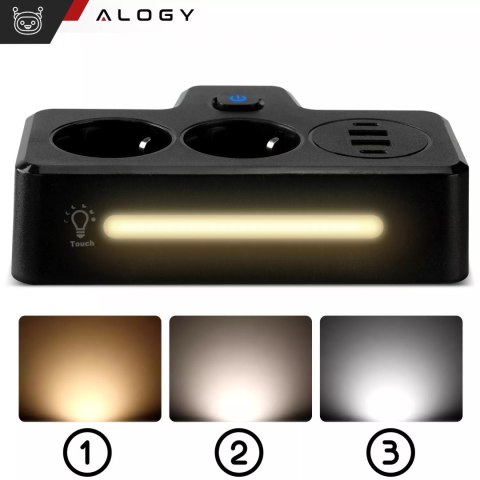 Alogy Rozgałęźnik 2X Eu, 2X Usb-A, 2X Usb-C, Led Lampka, Czarny, 230V