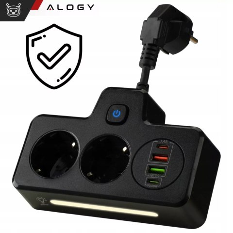 Alogy Rozgałęźnik 2X Eu, 2X Usb-A, 2X Usb-C, Led Lampka, Czarny, 230V