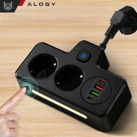 Alogy Rozgałęźnik 2X Eu, 2X Usb-A, 2X Usb-C, Led Lampka, Czarny, 230V