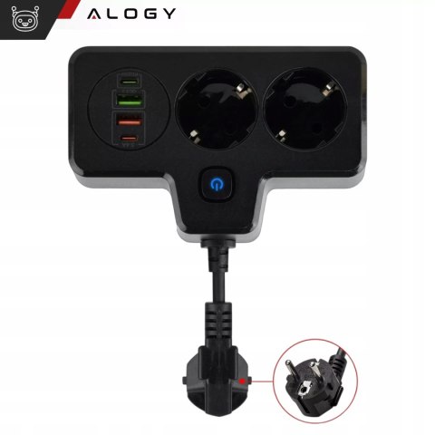 Alogy Rozgałęźnik 2X Eu, 2X Usb-A, 2X Usb-C, Led Lampka, Czarny, 230V