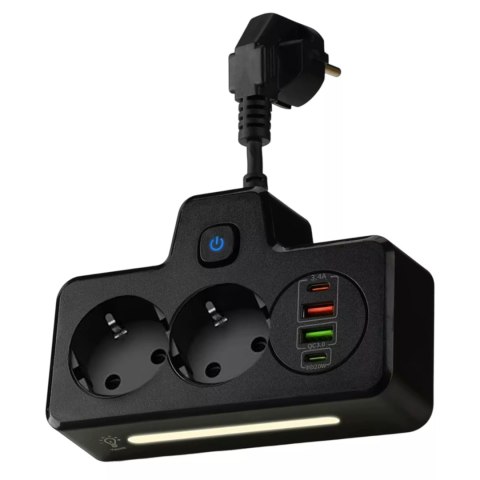Alogy Rozgałęźnik 2X Eu, 2X Usb-A, 2X Usb-C, Led Lampka, Czarny, 230V