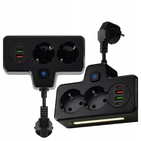 Alogy Rozgałęźnik 2X Eu, 2X Usb-A, 2X Usb-C, Led Lampka, Czarny, 230V