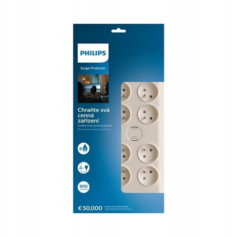 Listwa Zasilająca Philips 8 Gniazd 2M Filtr Przeciwprzepięciowy 900J