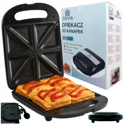 Opiekacz Do Kanapek 1400W Czarny Xl 4-Kanapkowy Z Nieprzywierającą Powłoką