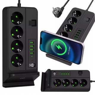 Przedłużacz Listwa Zasilająca 4 Gniazda 4 Usb 2 Usb-C Ładowanie Qi 3M