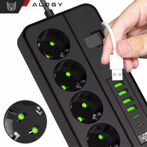 Przedłużacz Listwa Zasilająca 4 Gniazda 4 Usb 2 Usb-C Ładowanie Qi 3M