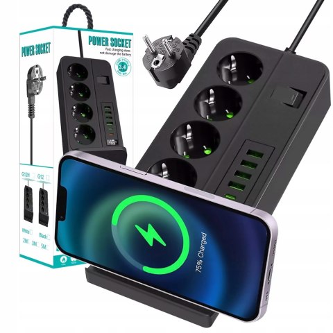 Przedłużacz Zasilający 4 Gniazda 4 Usb 2 Usb-C Ładowanie Qi 3M 3000W