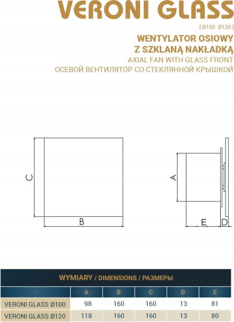 Wentylator Domowy Veroni Glass 120 Mm - Ciszy Z Higrostatem I Timerem, Ipx4