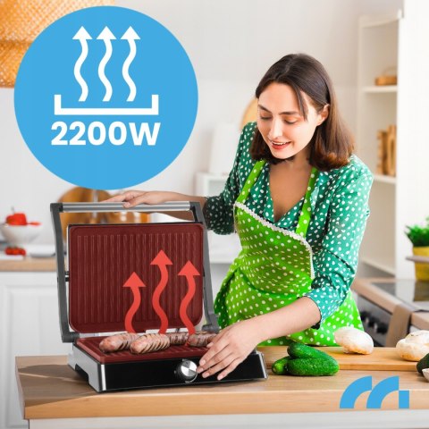 Grill Elektryczny 2200W Non-Stick, 180° Zawiasy, Taca Ociekowa, Regulacja