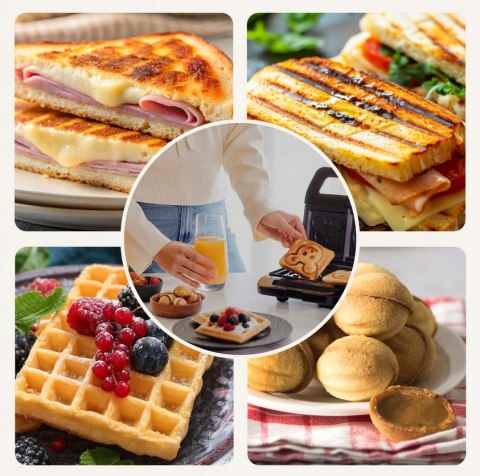 Opiekacz 6W1 800W - Panini, Tosty, Gofry, Grill, Ciasteczka I Orzeszki