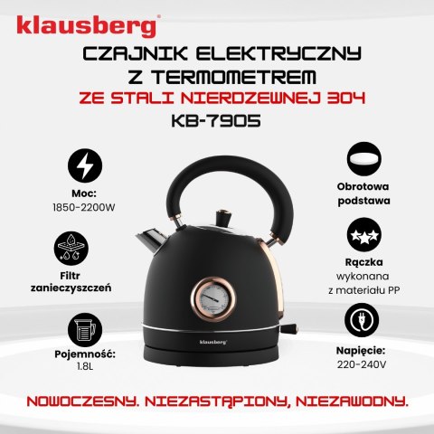 Czajnik Elektryczny 1.8L Retro Z Termometrem 2200W Obrotowa Podstawa Filtr