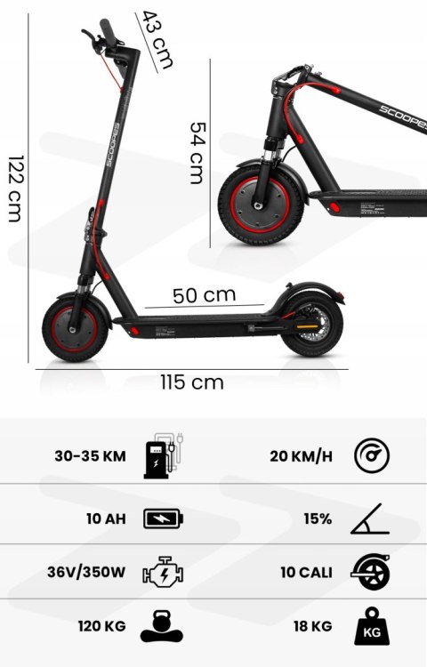 Hulajnoga Elektryczna 350W 10Ah 35Km, 10-Calowe Koła, Amortyzacja, Składana