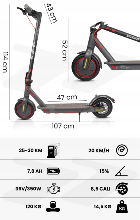 Hulajnoga Elektryczna 350W 7,8Ah Zasięg 30 Km Składana Miejska Aluminiowa