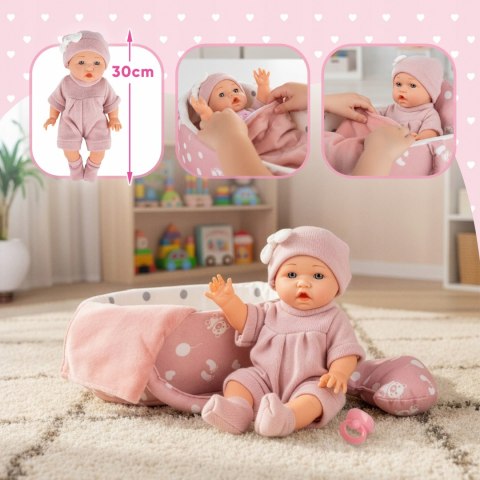 Lalka Bobas 30 Cm Z Nosidełkiem, Poduszką, Kołderką I Smoczkiem Kinderplay