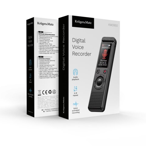 Dyktafon cyfrowy Krüger&Matz KM0950, 8 GB, MP3/WAV, USB-C, aktywacja głosowa i do 50 h pracy