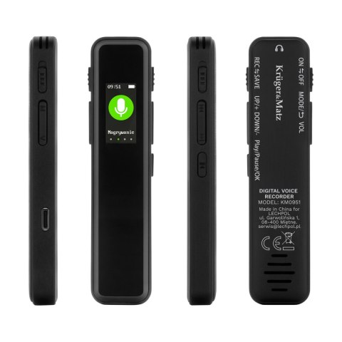 Dyktafon cyfrowy Krüger&Matz KM0951, 8 GB, MP3/WAV, USB-C, aktywacja głosowa i wyświetlacz LCD