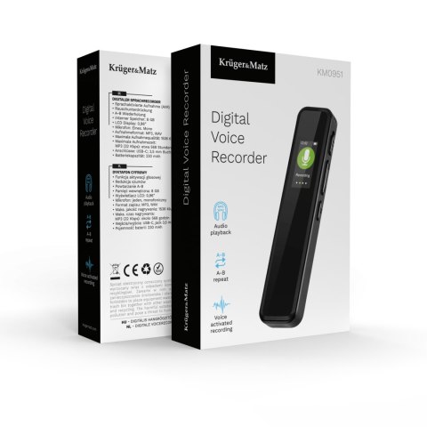 Dyktafon cyfrowy Krüger&Matz KM0951, 8 GB, MP3/WAV, USB-C, aktywacja głosowa i wyświetlacz LCD