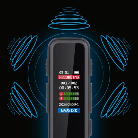 Dyktafon cyfrowy Krüger&Matz KM0951, 8 GB, MP3/WAV, USB-C, aktywacja głosowa i wyświetlacz LCD