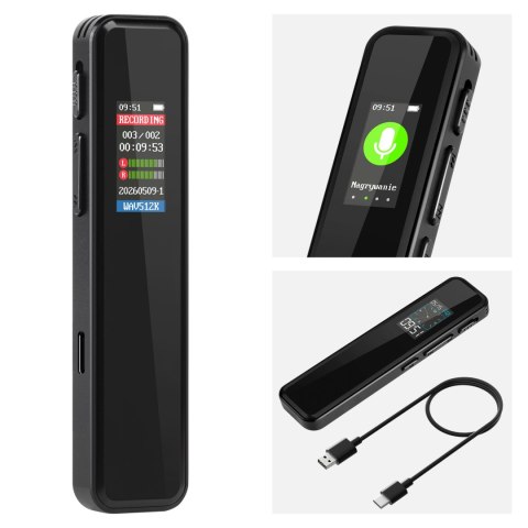 Dyktafon cyfrowy Krüger&Matz KM0951, 8 GB, MP3/WAV, USB-C, aktywacja głosowa i wyświetlacz LCD