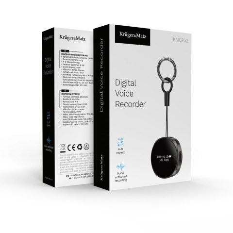 Dyktafon cyfrowy Krüger&Matz KM0952, 8 GB, WAV, OLED, aktywacja głosowa i pilot przewodowy