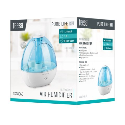 Nawilżacz ultradźwiękowy Teesa PURE LIFE 40 TSA8063, 1,8 l, 12 W, 2 tryby, do 120 ml/h