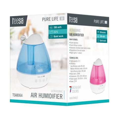 Nawilżacz ultradźwiękowy Teesa Pure Life 50 TSA8064, 2,2 l, 25 W, dyfuzor zapachowy, podświetlenie