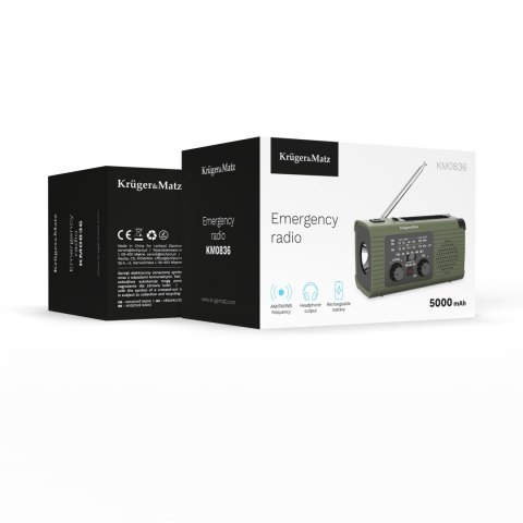 Radio solarne Krüger&Matz KM0836 AM/FM, powerbank 5000 mAh, dynamo, latarka, lampka i SOS