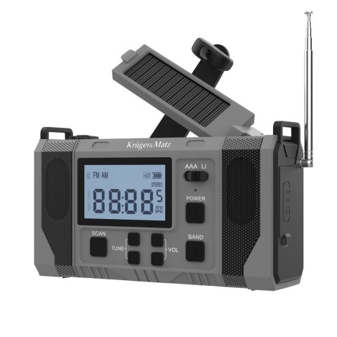 Radio solarne Krüger&Matz KM0838 AM/FM z LCD i SCAN, powerbank 10000 mAh, dynamo, latarka i SOS