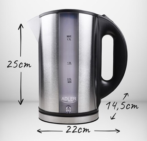 Adler AD1216 czajnik elektryczny 1,7 l, inox, 2200 W, niebieskie podświetlenie