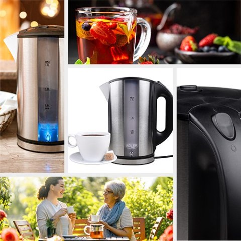 Adler AD1216 czajnik elektryczny 1,7 l, inox, 2200 W, niebieskie podświetlenie