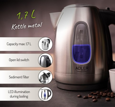 Adler AD1223 czajnik elektryczny 1,7 l, inox, 2200 W, niebieskie podświetlenie