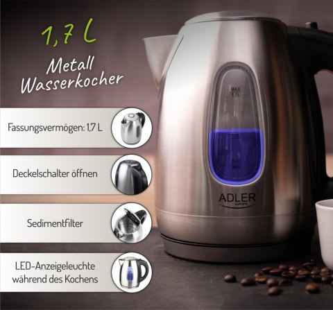 Adler AD1223 czajnik elektryczny 1,7 l, inox, 2200 W, niebieskie podświetlenie