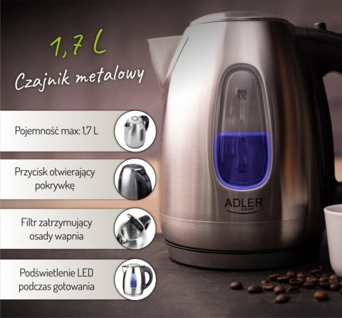 Adler AD1223 czajnik elektryczny 1,7 l, inox, 2200 W, niebieskie podświetlenie