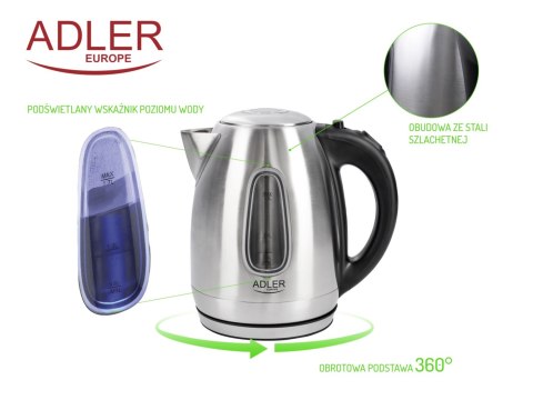 Adler AD1223 czajnik elektryczny 1,7 l, inox, 2200 W, niebieskie podświetlenie