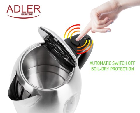 Adler AD1223 czajnik elektryczny 1,7 l, inox, 2200 W, niebieskie podświetlenie