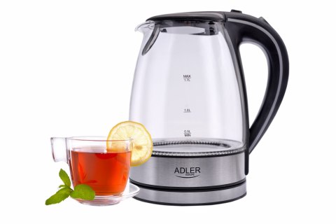 Adler AD1225 szklany czajnik elektryczny 1,7 l, czarny, 2200 W, niebieskie LED