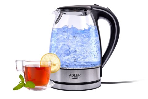 Adler AD1225 szklany czajnik elektryczny 1,7 l, czarny, 2200 W, niebieskie LED