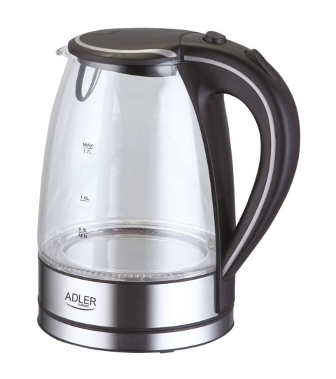 Adler AD1225 szklany czajnik elektryczny 1,7 l, czarny, 2200 W, niebieskie LED