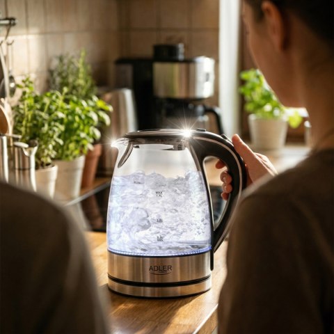 Adler AD1225 szklany czajnik elektryczny 1,7 l, czarny, 2200 W, niebieskie LED