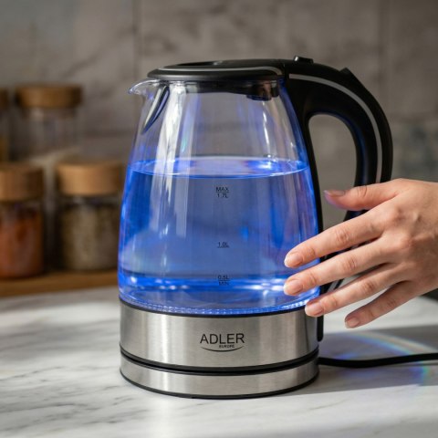 Adler AD1225 szklany czajnik elektryczny 1,7 l, czarny, 2200 W, niebieskie LED