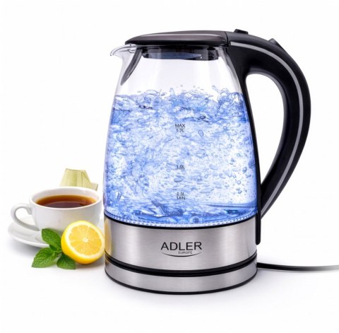 Adler AD1225 szklany czajnik elektryczny 1,7 l, czarny, 2200 W, niebieskie LED