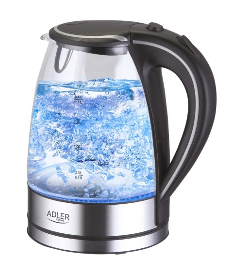 Adler AD1225 szklany czajnik elektryczny 1,7 l, czarny, 2200 W, niebieskie LED