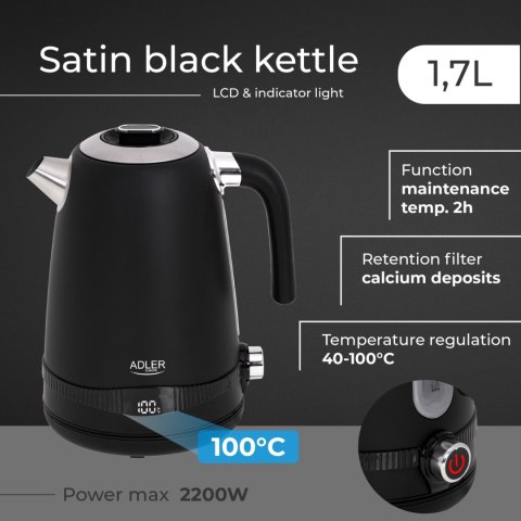Adler AD1295B czajnik elektryczny 1,7 l, czarny, 7 temperatur 40-100°C, LCD, 2200 W
