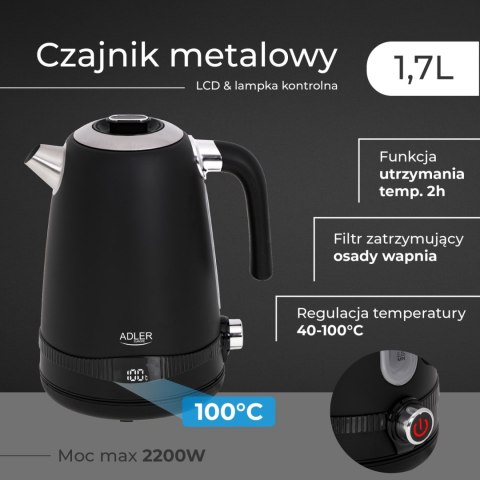 Adler AD1295B czajnik elektryczny 1,7 l, czarny, 7 temperatur 40-100°C, LCD, 2200 W