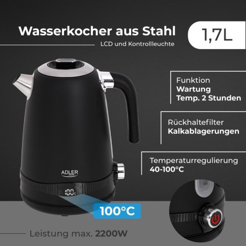 Adler AD1295B czajnik elektryczny 1,7 l, czarny, 7 temperatur 40-100°C, LCD, 2200 W