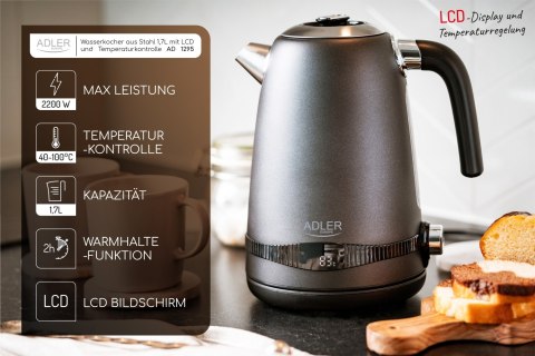 Adler AD1295G czajnik elektryczny 1,7 l, szary, 7 temperatur 40-100°C, LCD, 2200 W