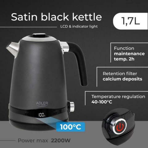 Adler AD1295G czajnik elektryczny 1,7 l, szary, 7 temperatur 40-100°C, LCD, 2200 W