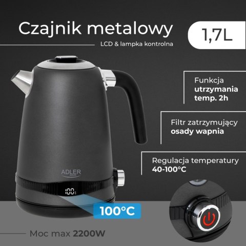 Adler AD1295G czajnik elektryczny 1,7 l, szary, 7 temperatur 40-100°C, LCD, 2200 W